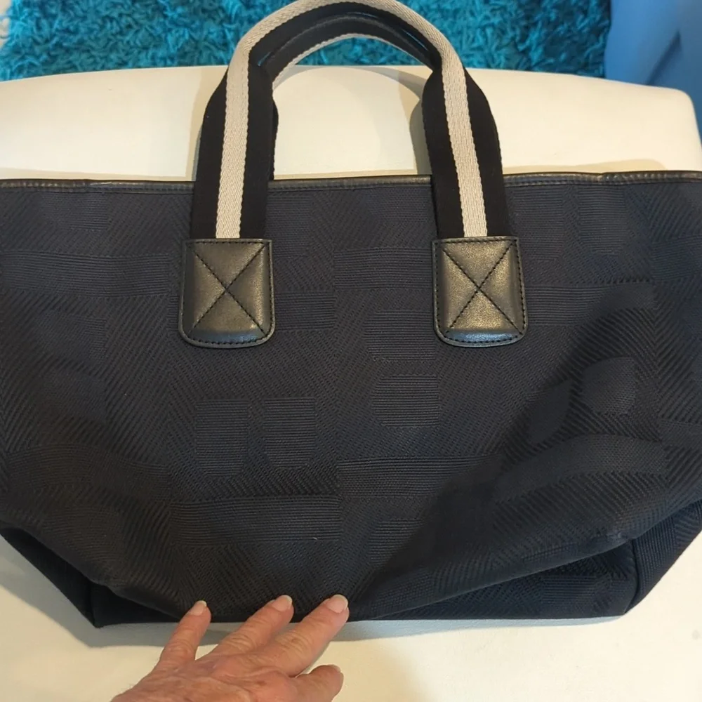 Black Bally canvas tote with black and white canvas handles